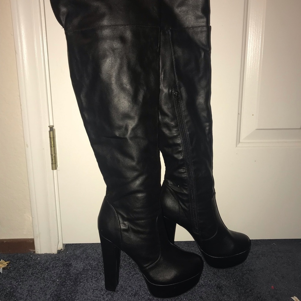 Over the Knee Black Faux Leather Heeled Boots